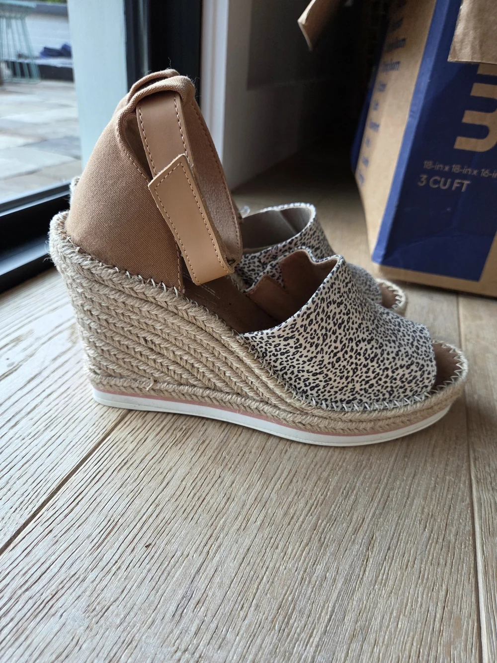 TOMS Leopard Print Espadrille Wedge Sandal with Tan Ankle Strap
